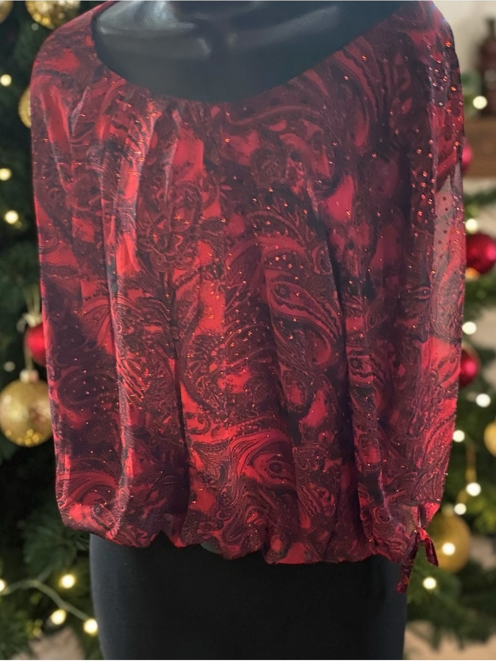 Red Paisley Sparkle Blouse with Tie Sleeve - Women’s
